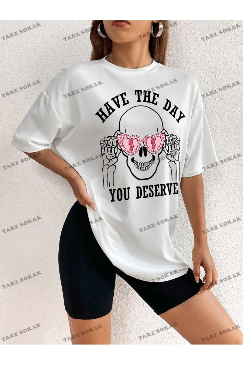Unisex BAY  Kadın Kafatası ve Slogan Baskılı Düşük Omuz Tişört KOD-1381
