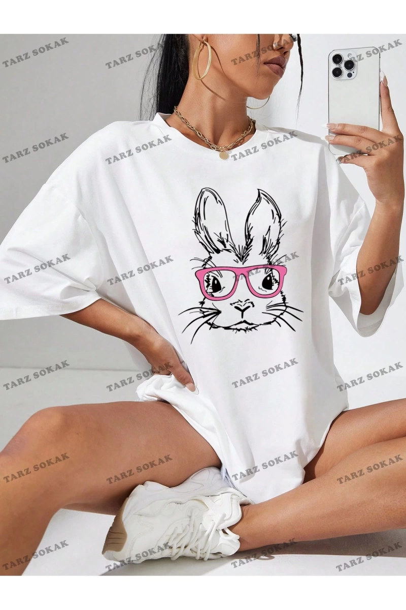 Unisex BAY  Kadın Karikatür Tavşan Baskılı Bol Kesim Tişört KOD-1354