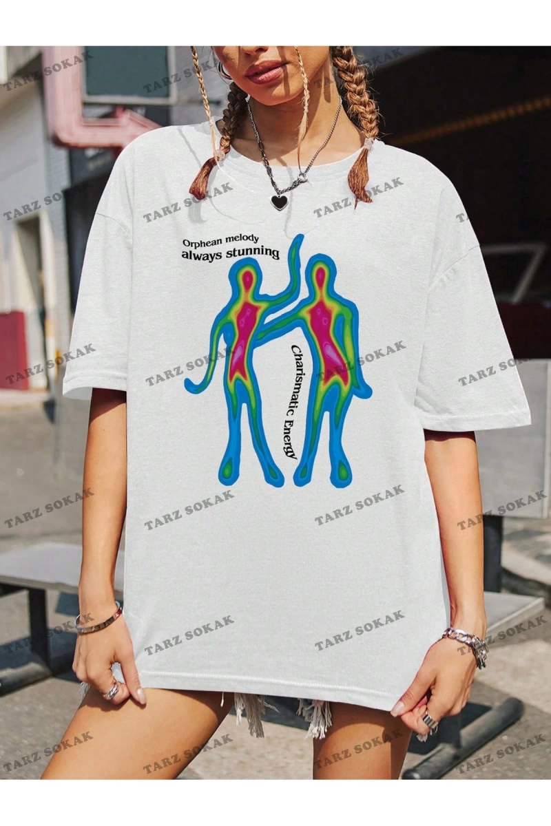 Unisex BAY  Kadın Slogan Desenli Düşük Omuz Kısa Kollu Tişört KOD-1396