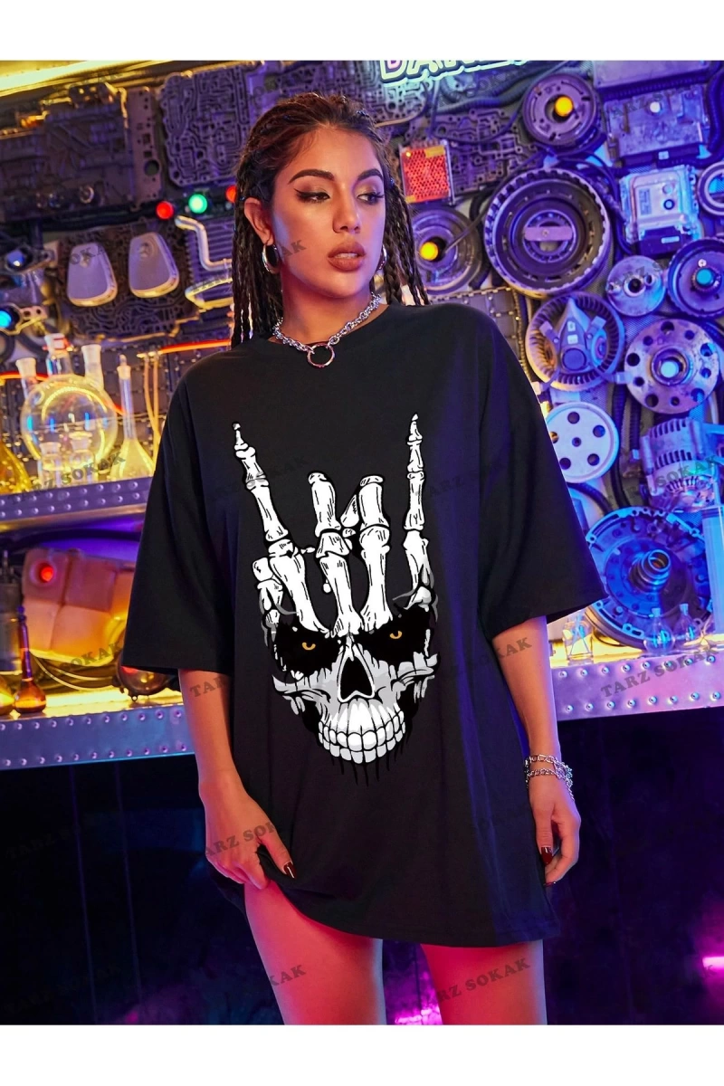 Unisex BAY  Kafatası Baskılı Düşük Omuzlu Büyük Boy Tişört KOD-1329