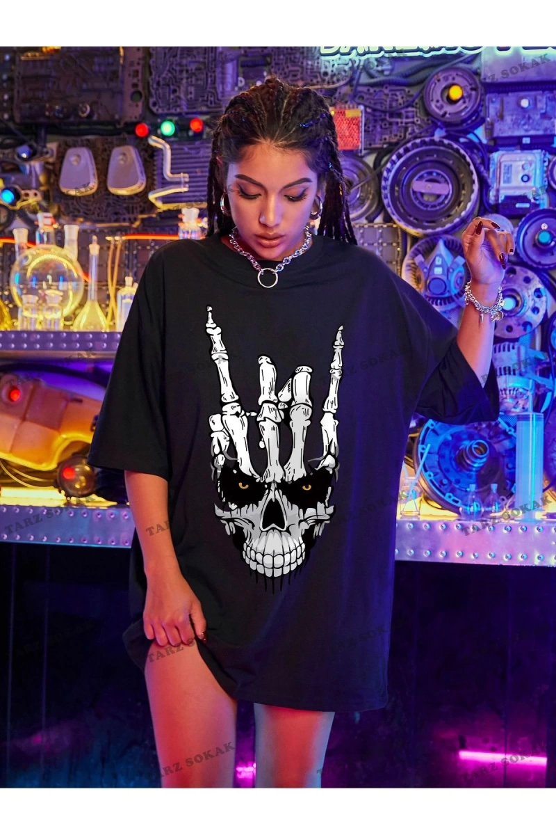 Unisex BAY  Kafatası Baskılı Düşük Omuzlu Büyük Boy Tişört KOD-1329