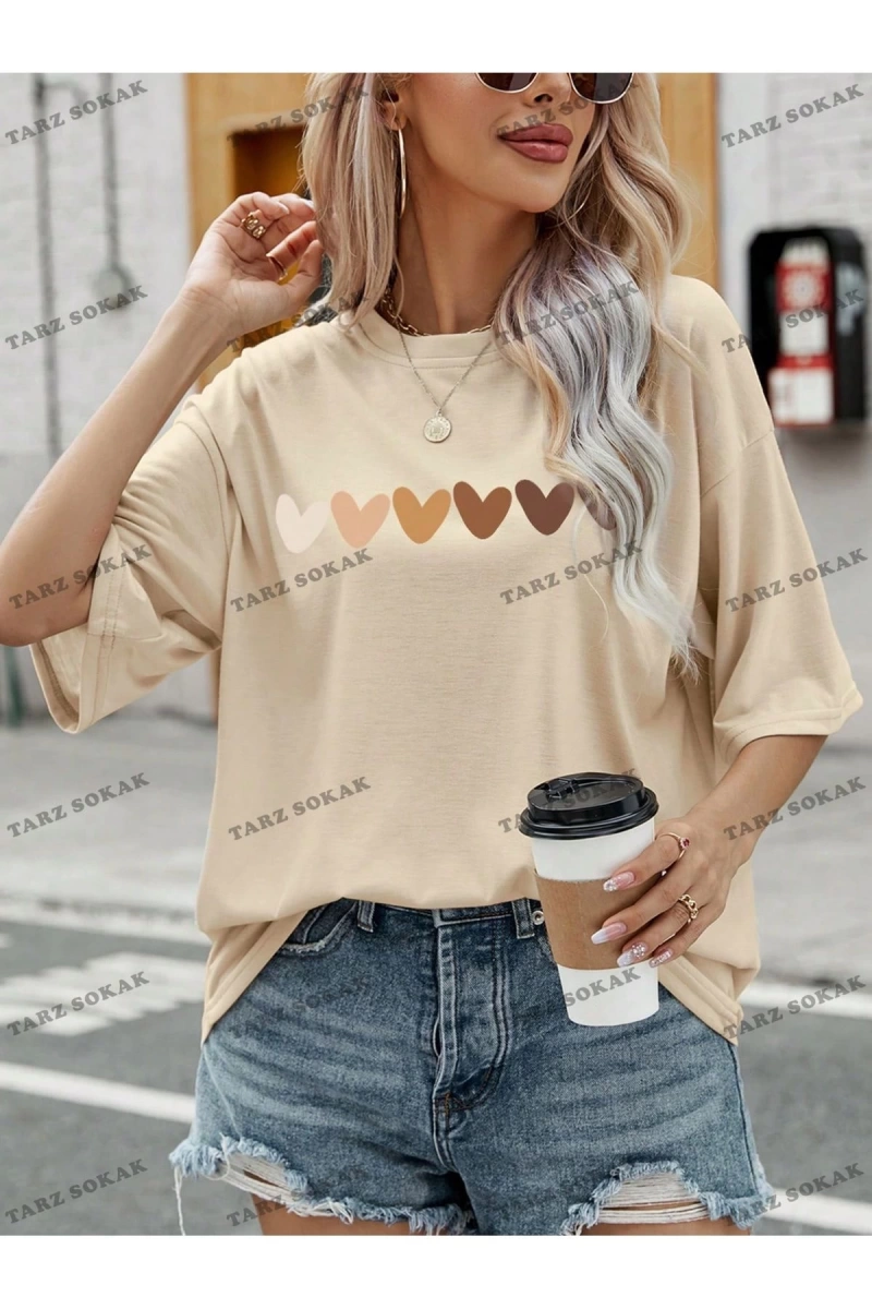 Unisex BAY  Kalp Desenli Düşük Omuz Tişört KOD-1361