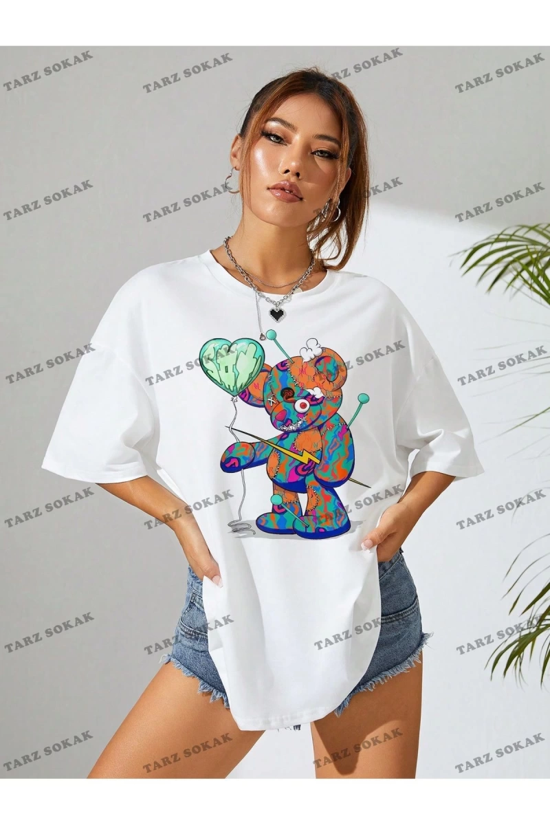Unisex BAY  Karikatür Ayı Baskı Damla Omuz Büyük Boy Tişört KOD-1375