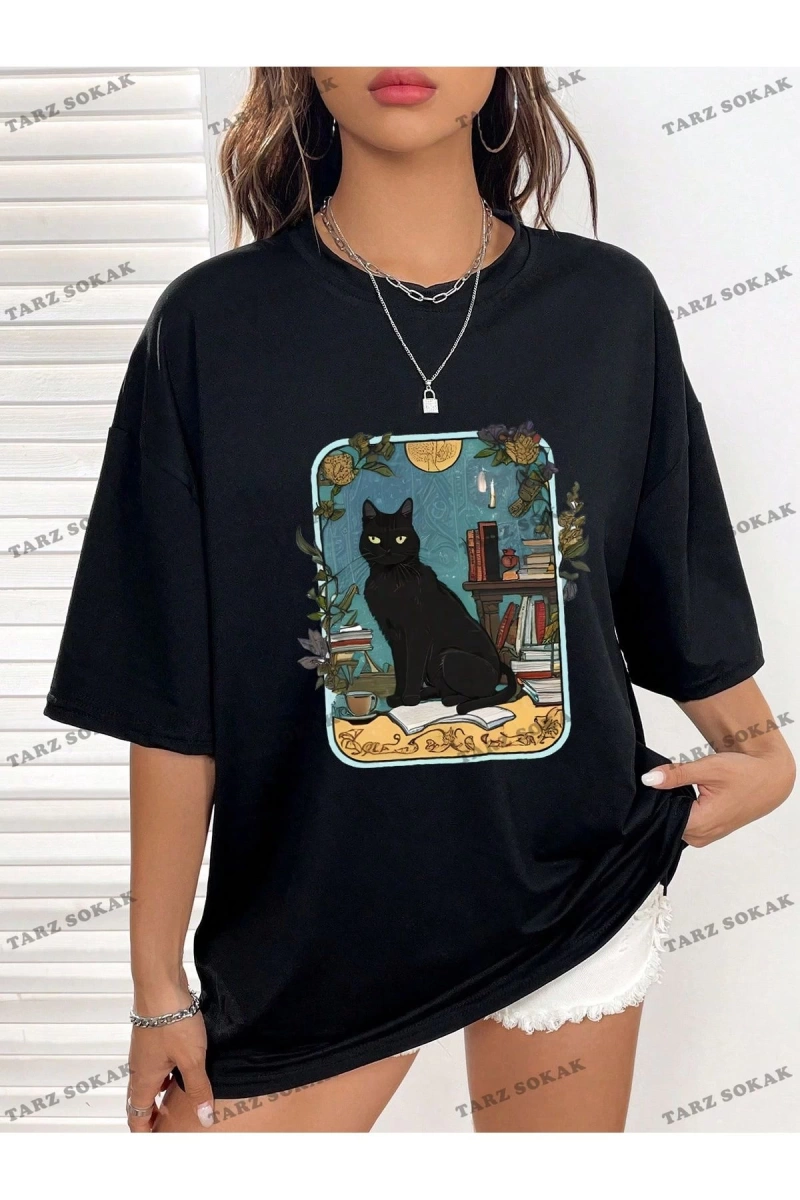 Unisex BAY  Kedi Desenli Damla Omuz Tişört KOD-1335