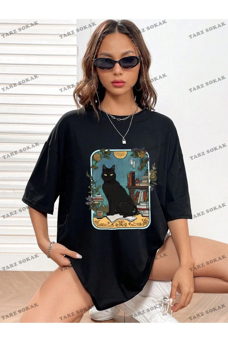 Unisex BAY  Kedi Desenli Damla Omuz Tişört KOD-1335