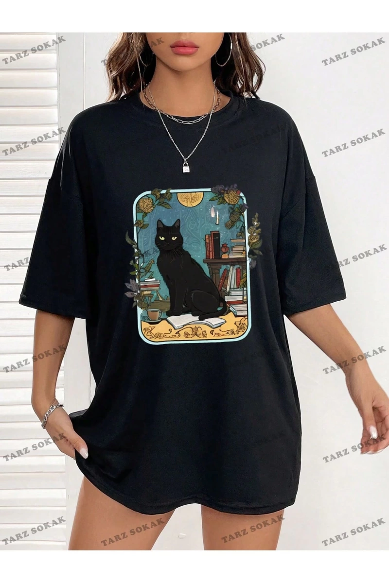 Unisex BAY  Kedi Desenli Damla Omuz Tişört KOD-1335