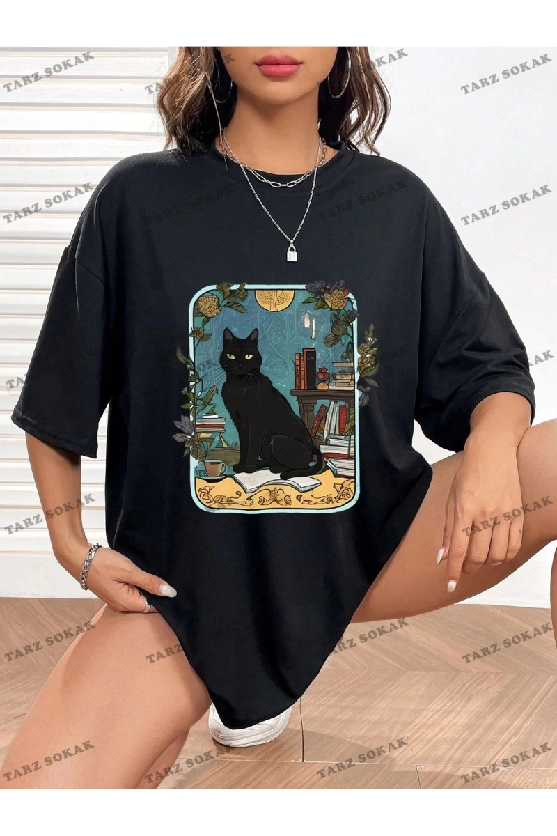 Unisex BAY  Kedi Desenli Damla Omuz Tişört KOD-1335