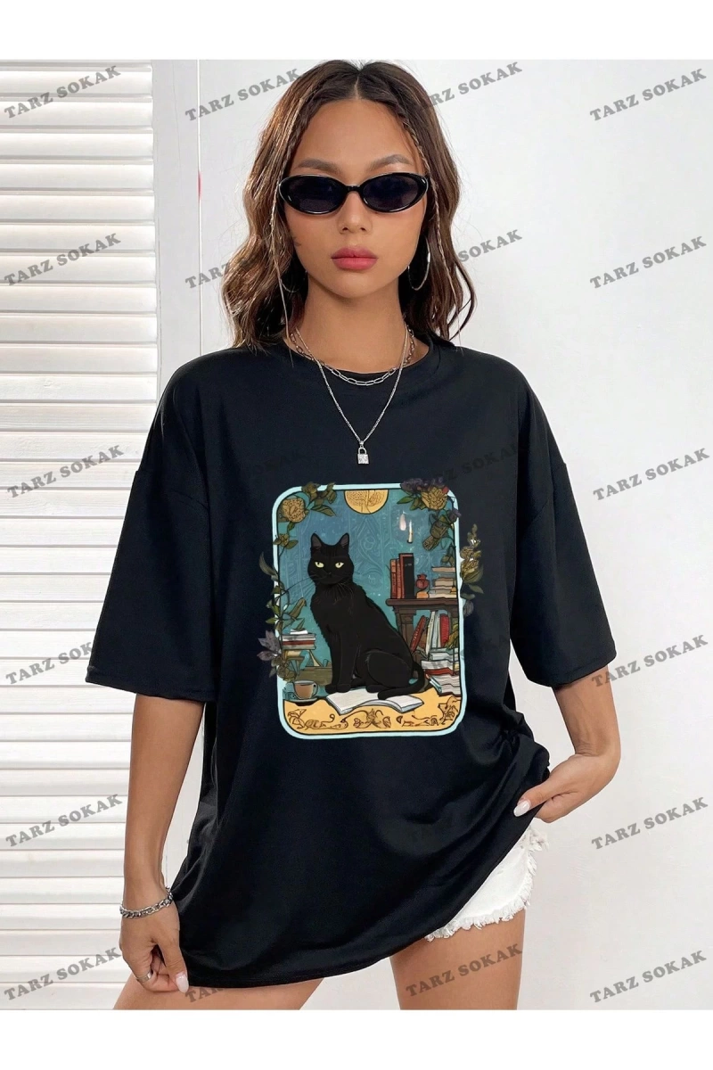 Unisex BAY  Kedi Desenli Damla Omuz Tişört KOD-1335