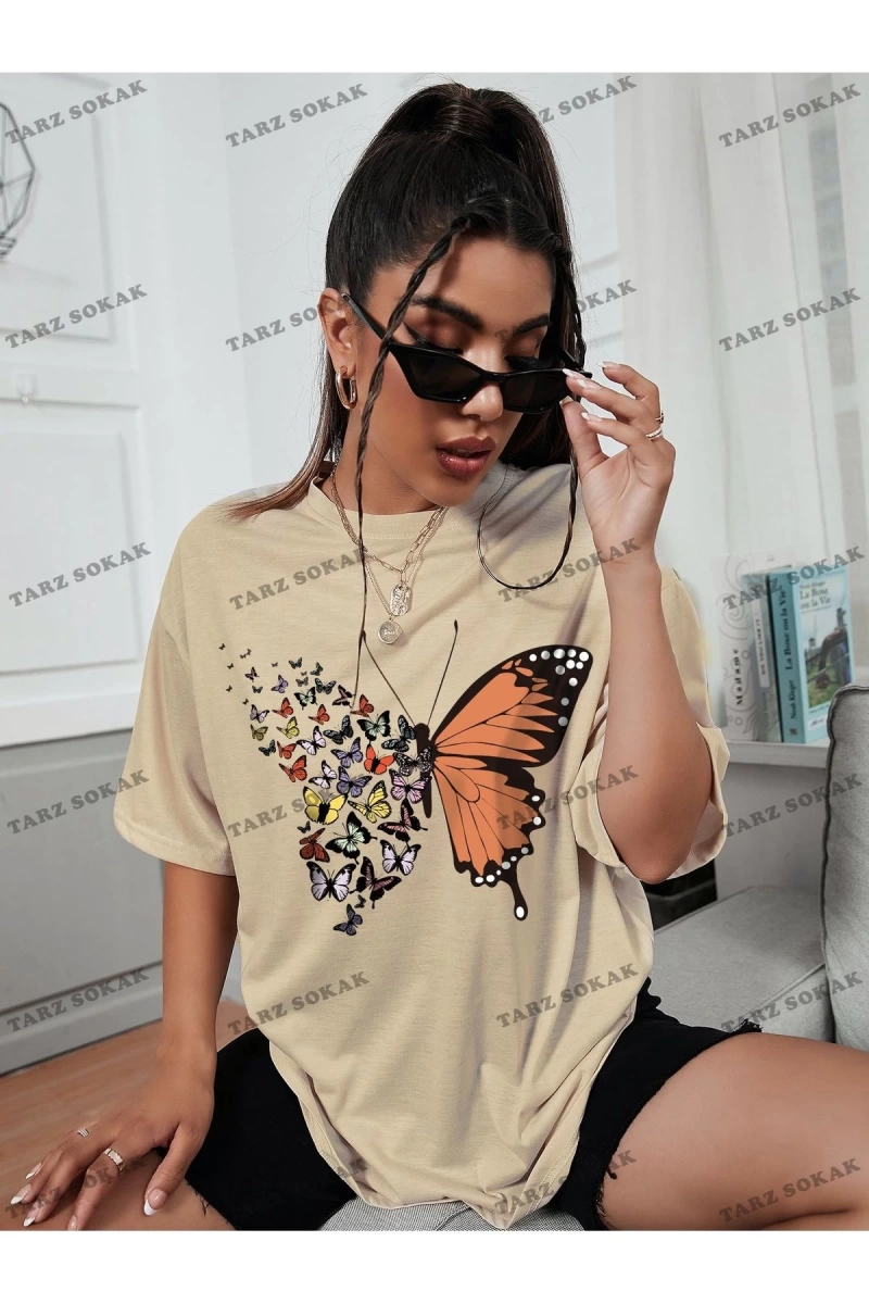 Unisex BAY  Kelebek Desenli Düşük Omuzlu Tişört KOD-1402