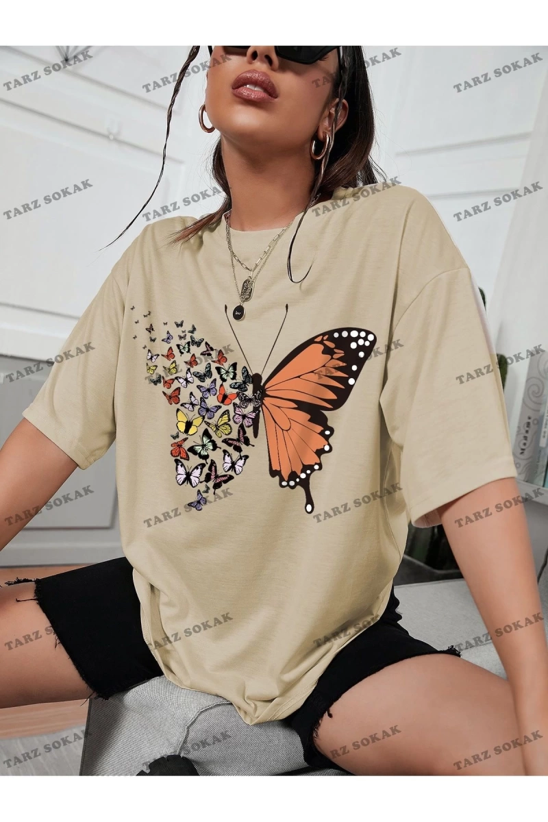 Unisex BAY  Kelebek Desenli Düşük Omuzlu Tişört KOD-1402