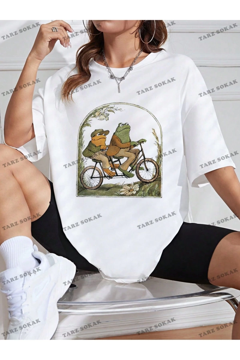 Unisex BAY  Kurbağa Desenli Düşük Omuzlu Tişört KOD-1364