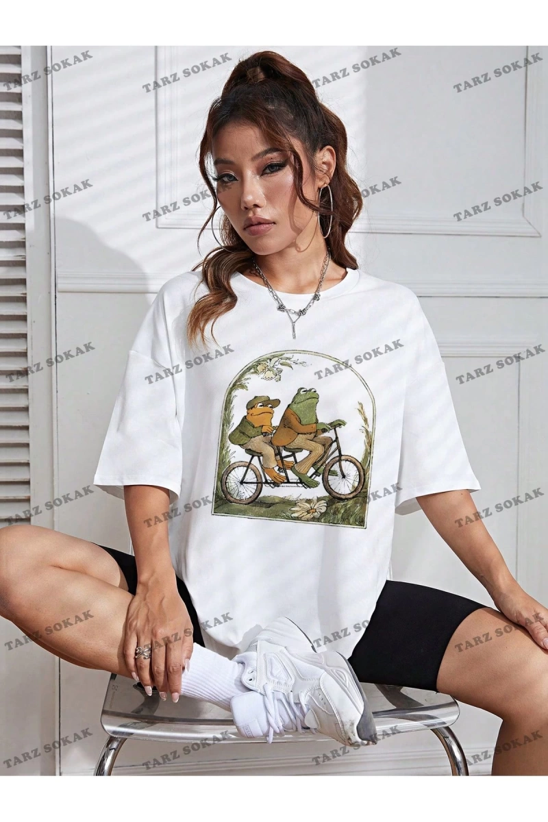 Unisex BAY  Kurbağa Desenli Düşük Omuzlu Tişört KOD-1364