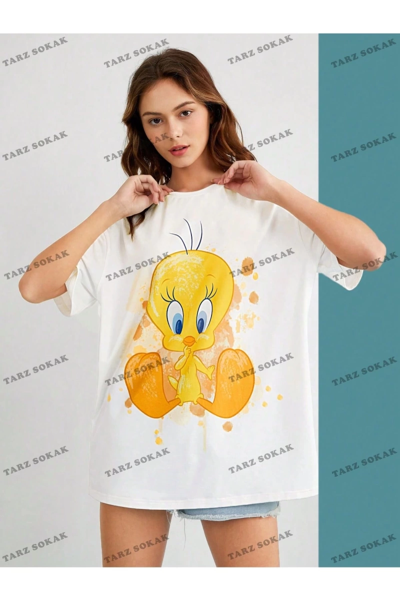 Unisex BAY  LOONEY TUNES X Karikatür Grafik Düşük Omuz Büyük Boy Tişört KOD-1319