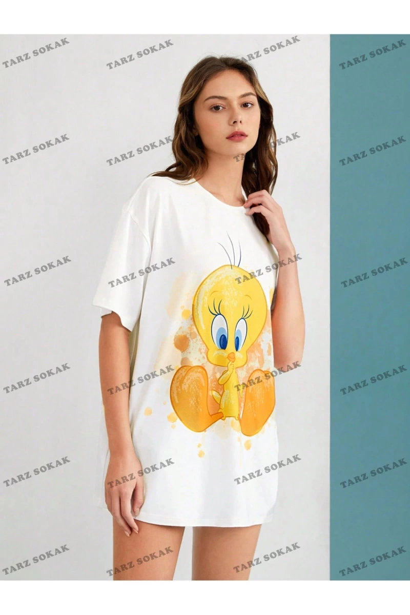 Unisex BAY  LOONEY TUNES X Karikatür Grafik Düşük Omuz Büyük Boy Tişört KOD-1319