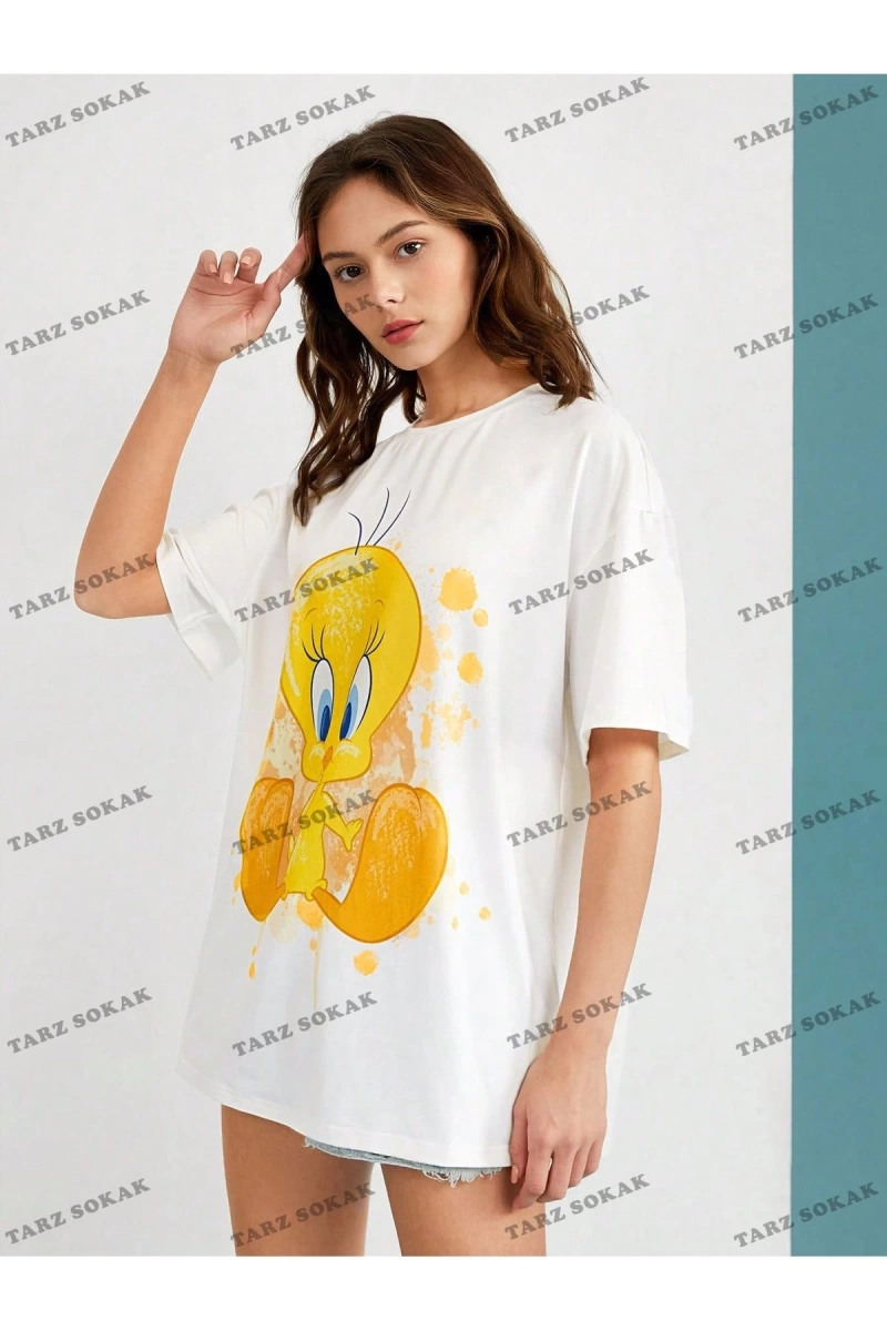 Unisex BAY  LOONEY TUNES X Karikatür Grafik Düşük Omuz Büyük Boy Tişört KOD-1319