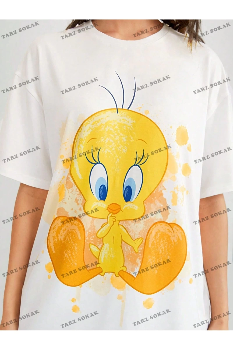 Unisex BAY  LOONEY TUNES X Karikatür Grafik Düşük Omuz Büyük Boy Tişört KOD-1319
