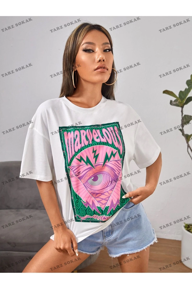 Unisex BAY  PETITE Göz ve Harf Grafik Damla Omuz Yazlık Giysiler Tişört KOD-1314