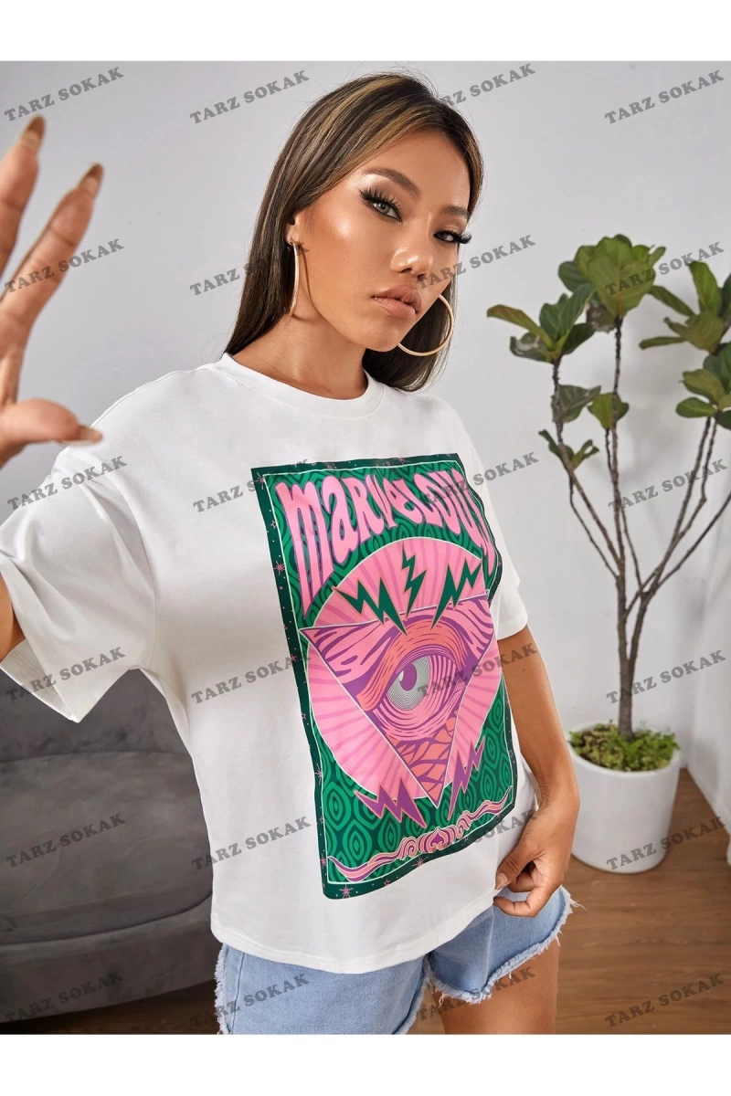 Unisex BAY  PETITE Göz ve Harf Grafik Damla Omuz Yazlık Giysiler Tişört KOD-1314