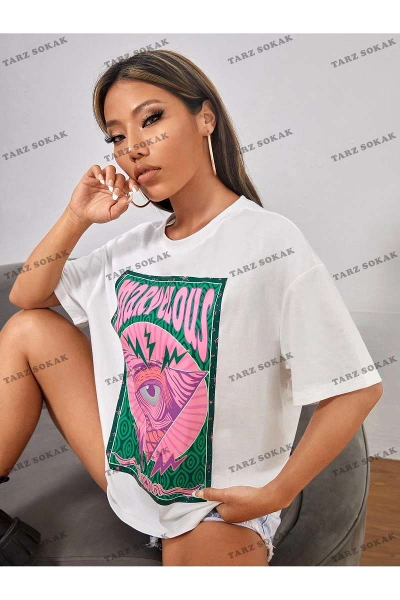 Unisex BAY  PETITE Göz ve Harf Grafik Damla Omuz Yazlık Giysiler Tişört KOD-1314