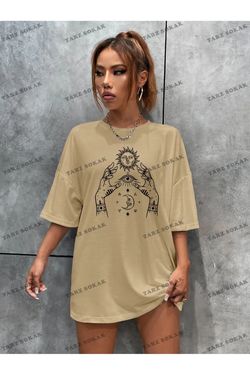 Unisex BAY  Sun & Figure Grafikli Düşük Omuzlu Tişört KOD-1363