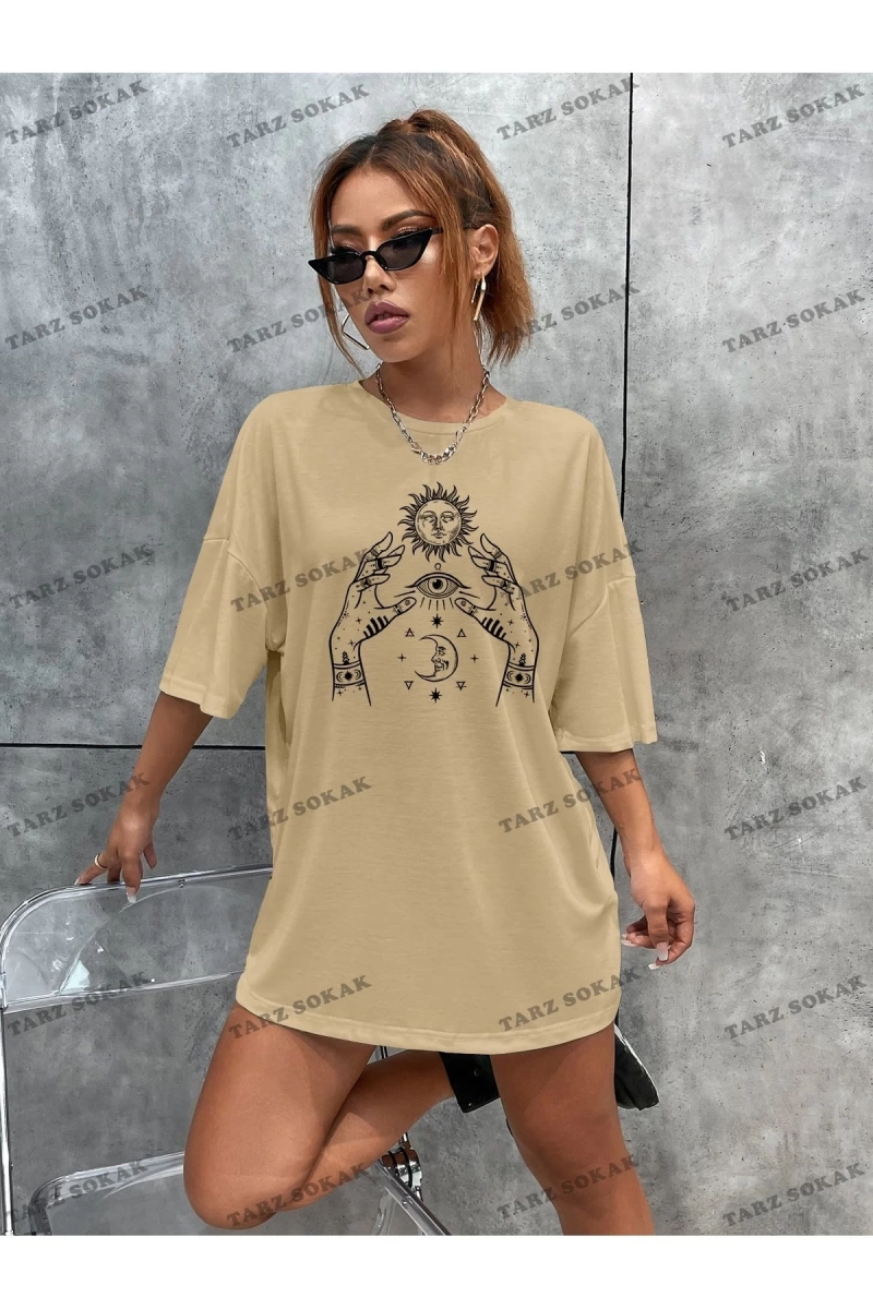 Unisex BAY  Sun & Figure Grafikli Düşük Omuzlu Tişört KOD-1363