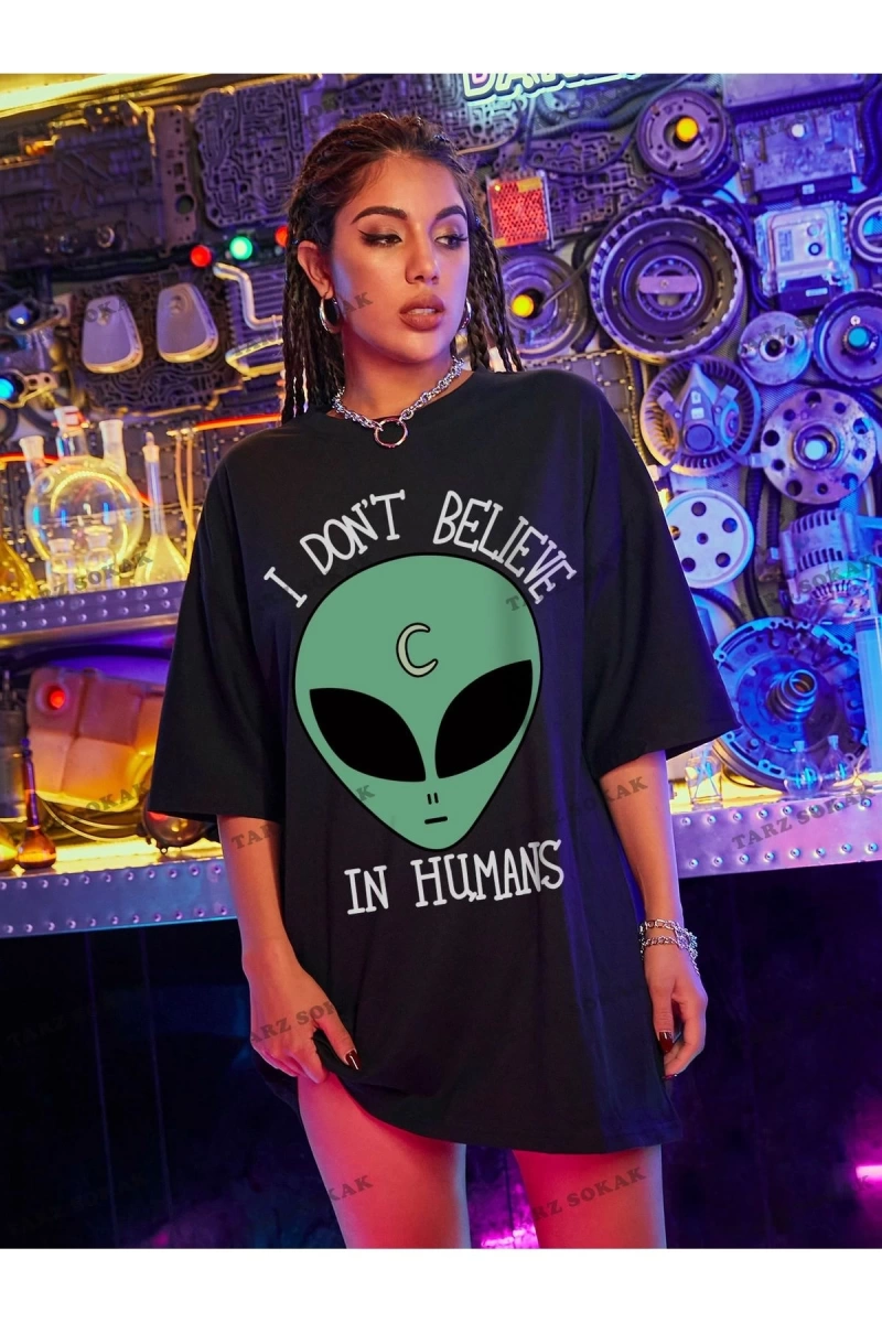 Unisex BAY  Uzaylı ve Slogan Grafikli Büyük Boy Tişört KOD-1323