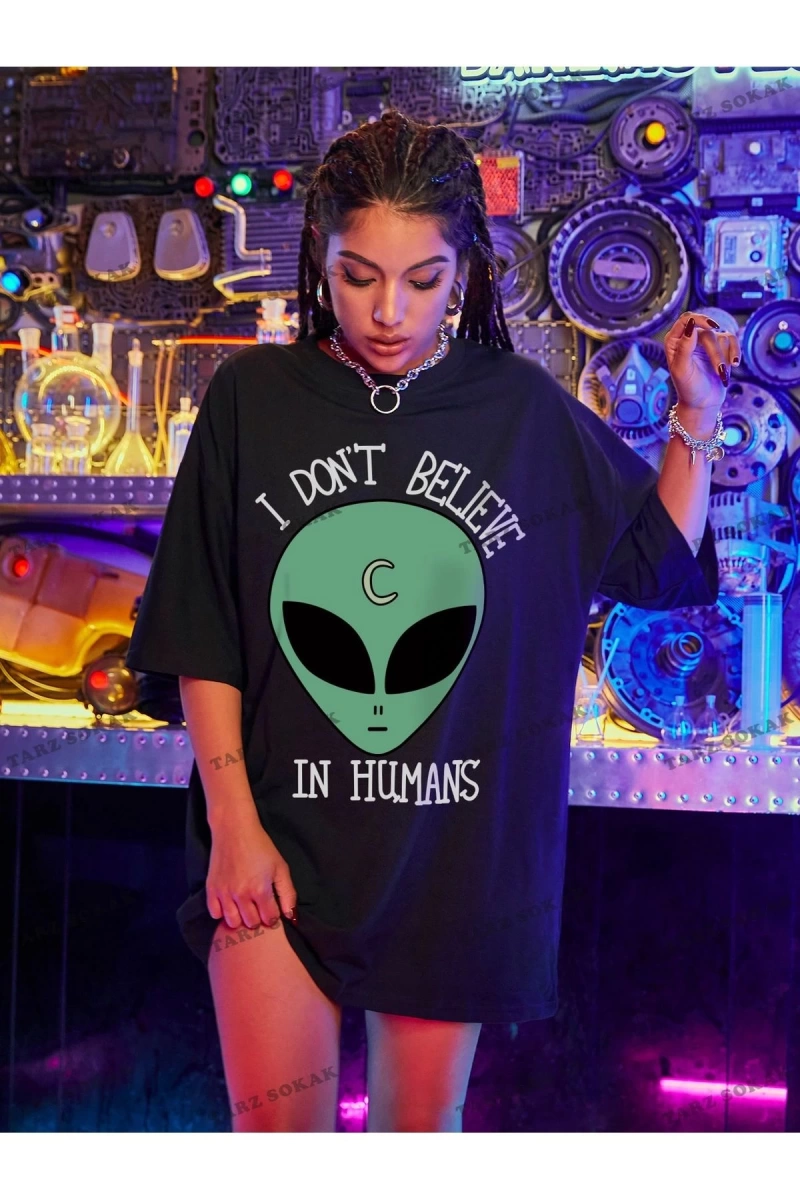 Unisex BAY  Uzaylı ve Slogan Grafikli Büyük Boy Tişört KOD-1323