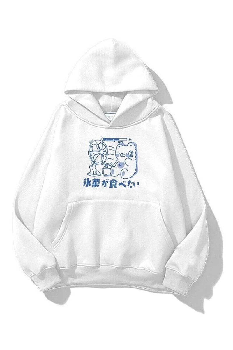 Unisex Bear & Fan Sweatshirt Beyaz
