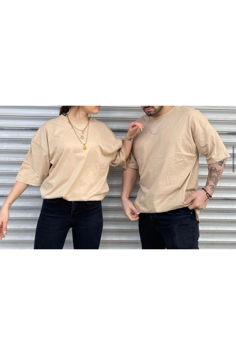 Unisex Bej Bisiklet Yaka Sevgili Kombin 2 Li Paket Tshirt