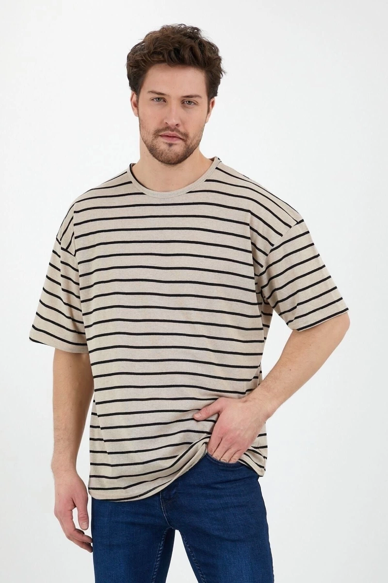 Unisex Bej Siyah Çizgili Oversize Tshirt