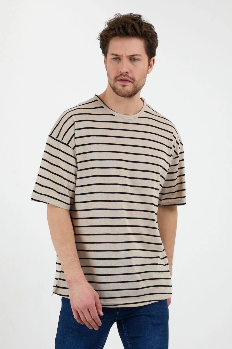 Unisex Bej Siyah Çizgili Oversize Tshirt