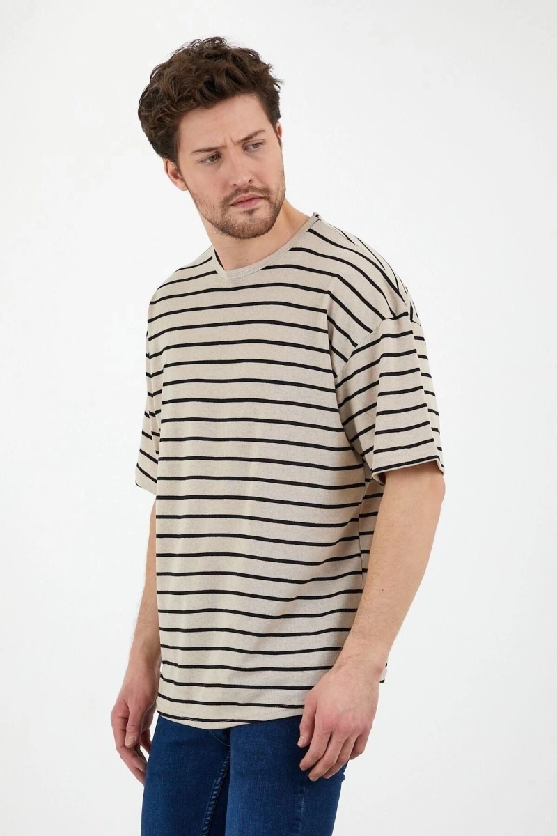 Unisex Bej Siyah Çizgili Oversize Tshirt