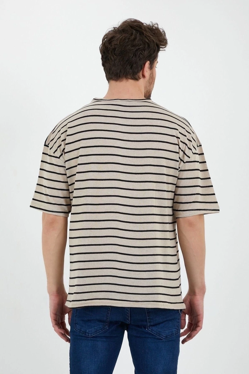Unisex Bej Siyah Çizgili Oversize Tshirt