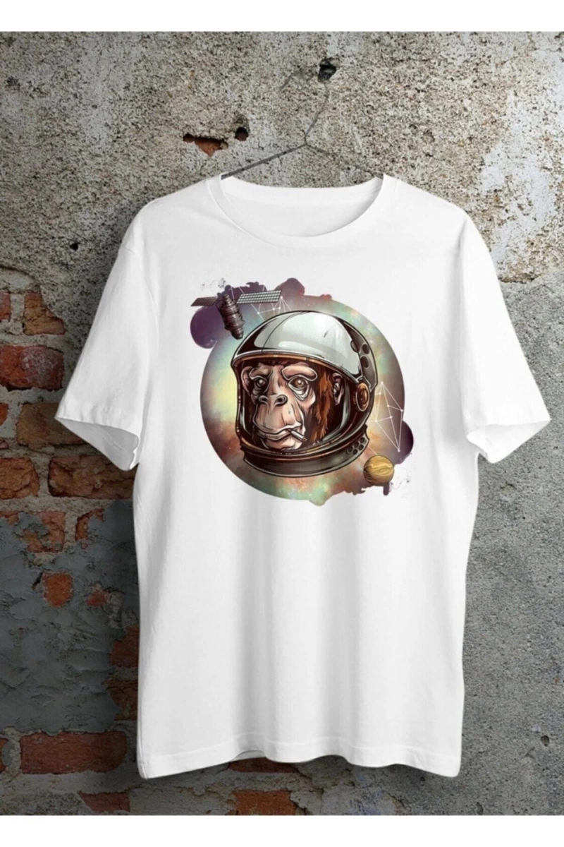 Unisex Beyaz Astronot Maymun Baskılı Oversize Bisiklet Yaka Tişört