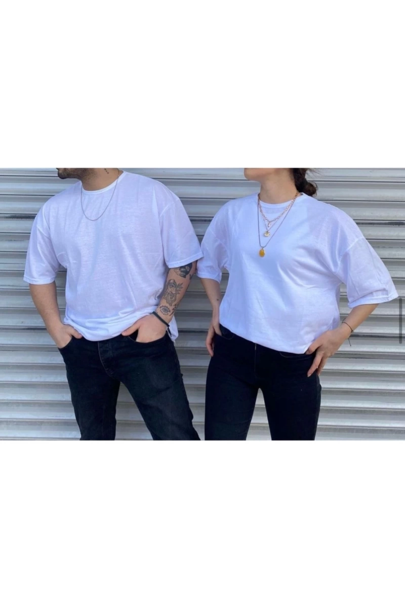 Unisex Beyaz Bisiklet Yaka Sevgili Kombin 2 Li Paket Tshirt