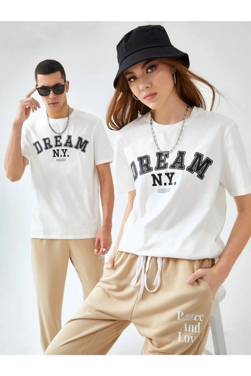 Unisex Beyaz Dream N.y. Baskılı 2li Set Sevgili Çift Kombini