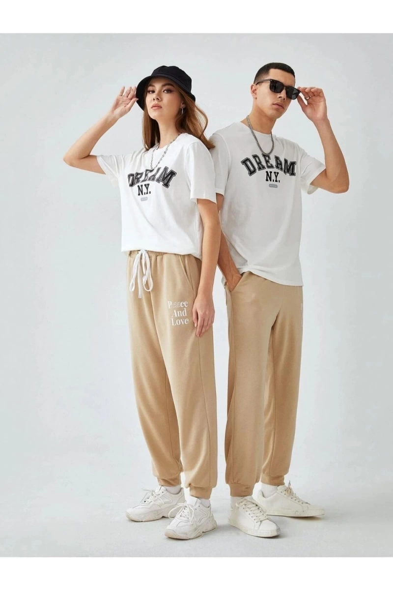 Unisex Beyaz Dream N.y. Baskılı 2li Set Sevgili Çift Kombini