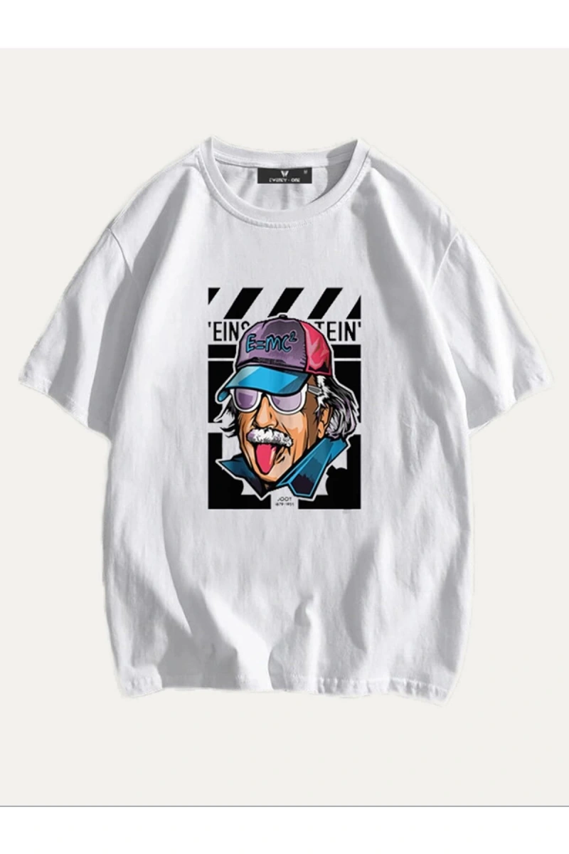 Unisex Beyaz Einstein Baskılı Oversize Tişört