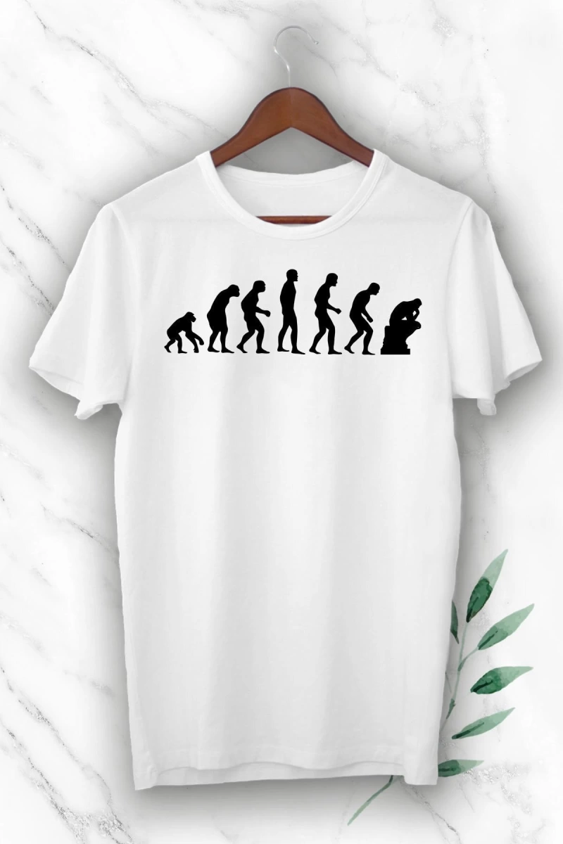 Unısex Beyaz Evolution Evrim Baskılı Tişört