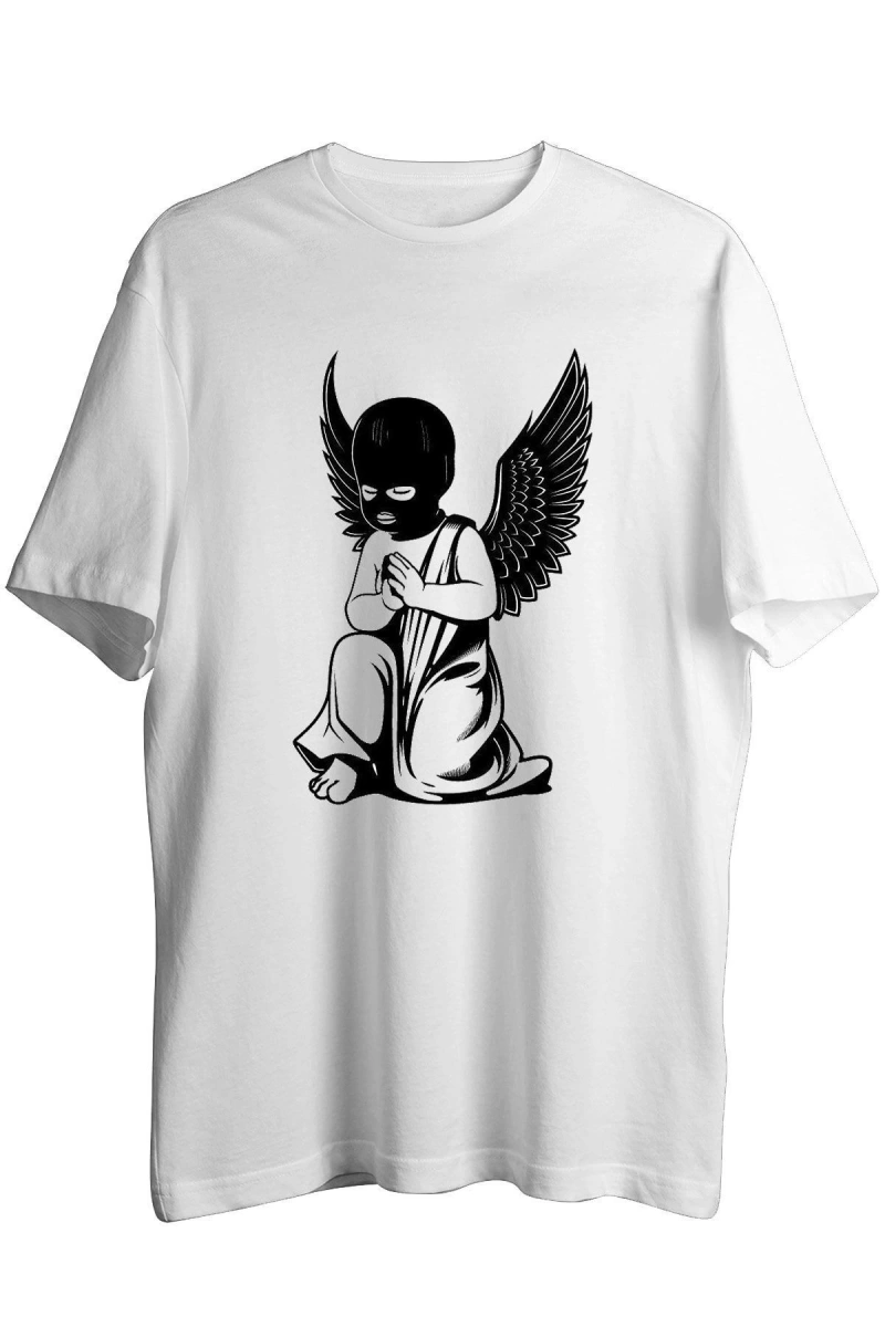 Unisex Beyaz Gangsta Angel T-shirt