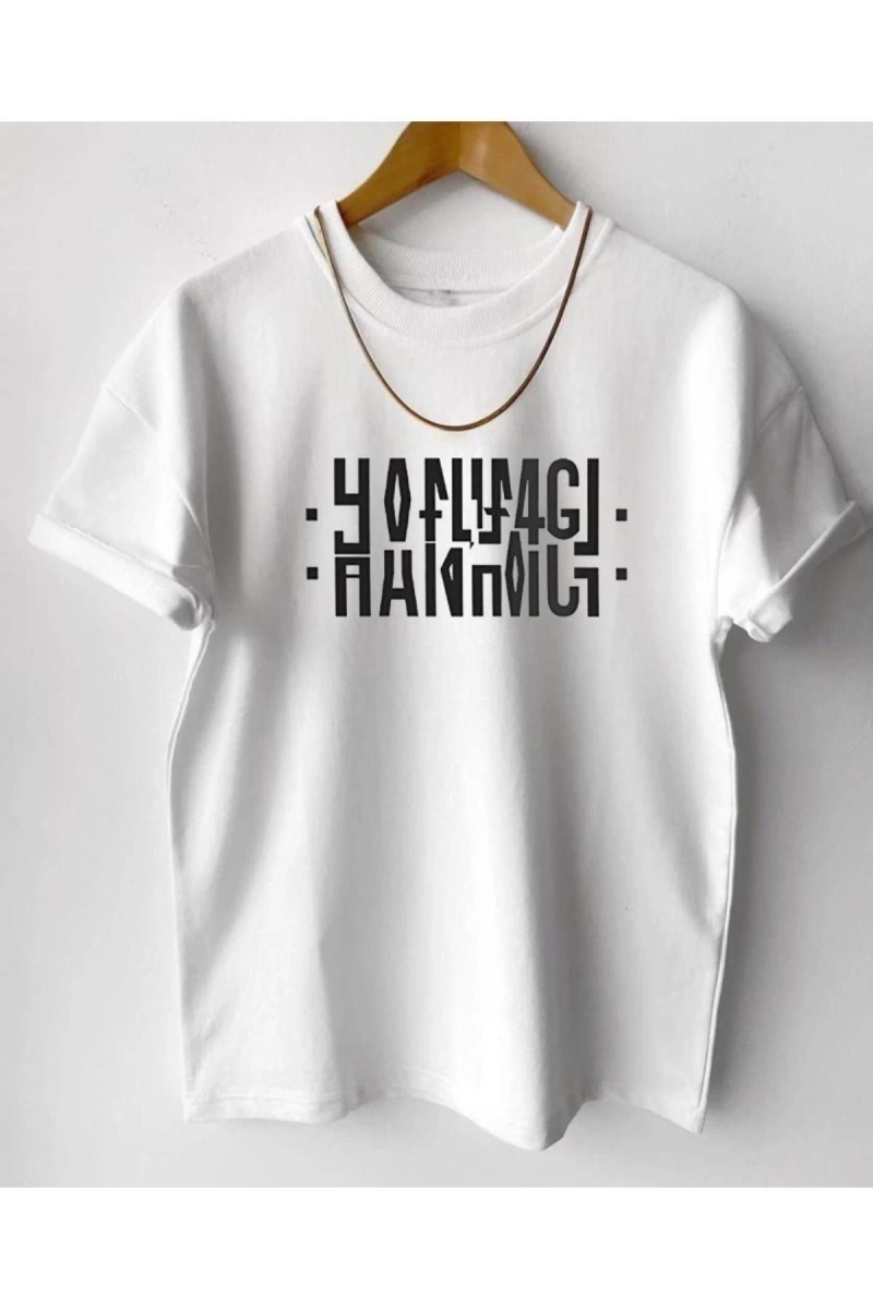 Unisex Beyaz Hanımcı Baskılı Katlamalı Bisiklet Yaka Tişört