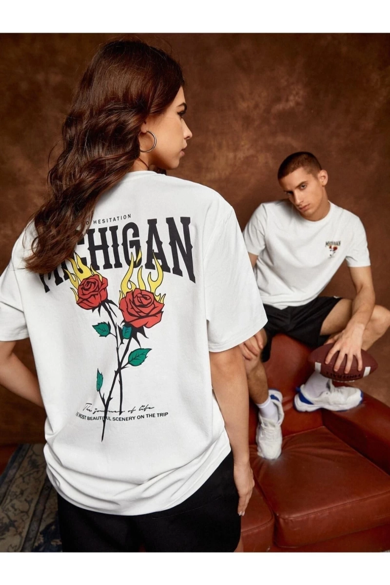 Unisex Beyaz Mıchıgan Baskılı 2li Set Sevgili Çift Kombini
