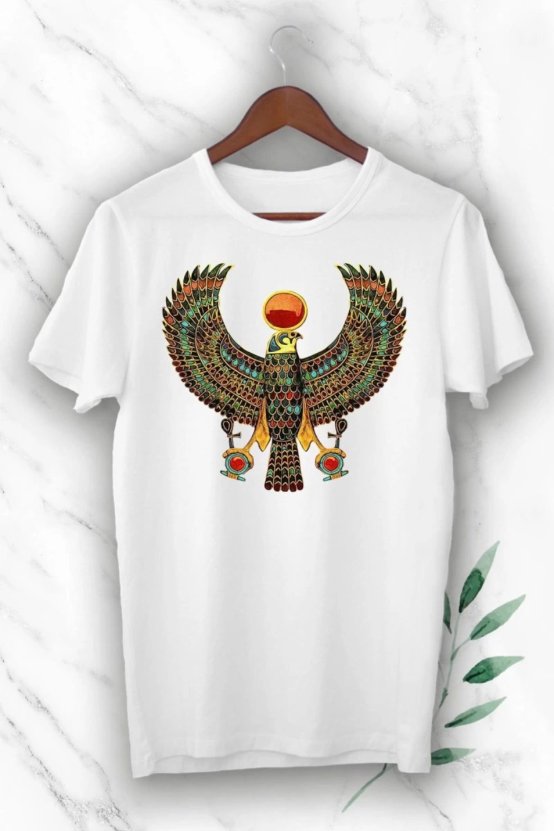 Unısex Beyaz Mitoloji Antik Mısır Horus Kartal Baskılı Tişört