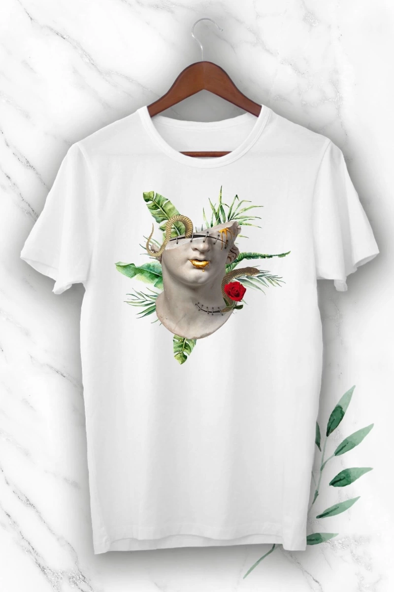 Unisex Beyaz Mitoloji Heykel Baskılı Tişört