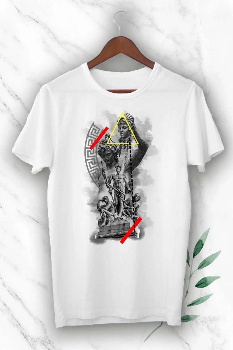 Unısex Beyaz Mitoloji Perseus ve Medusa Heykel Baskılı Tişört