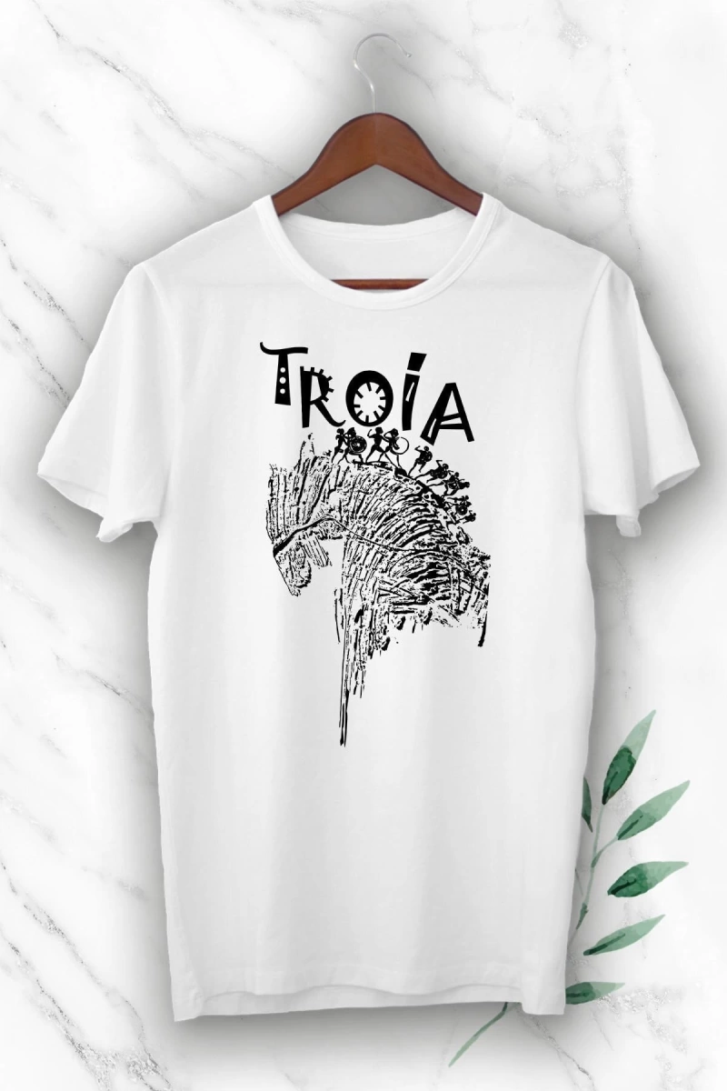 Unısex Beyaz Mitoloji Truva Atı Baskılı T-Shirt