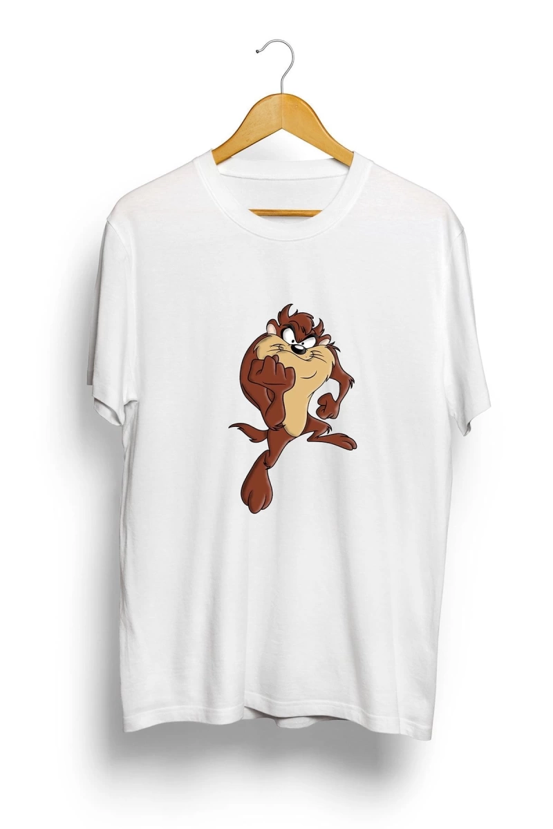 Unisex Beyaz Oversize Tazmanya Canavarı Baskılı T-shirt