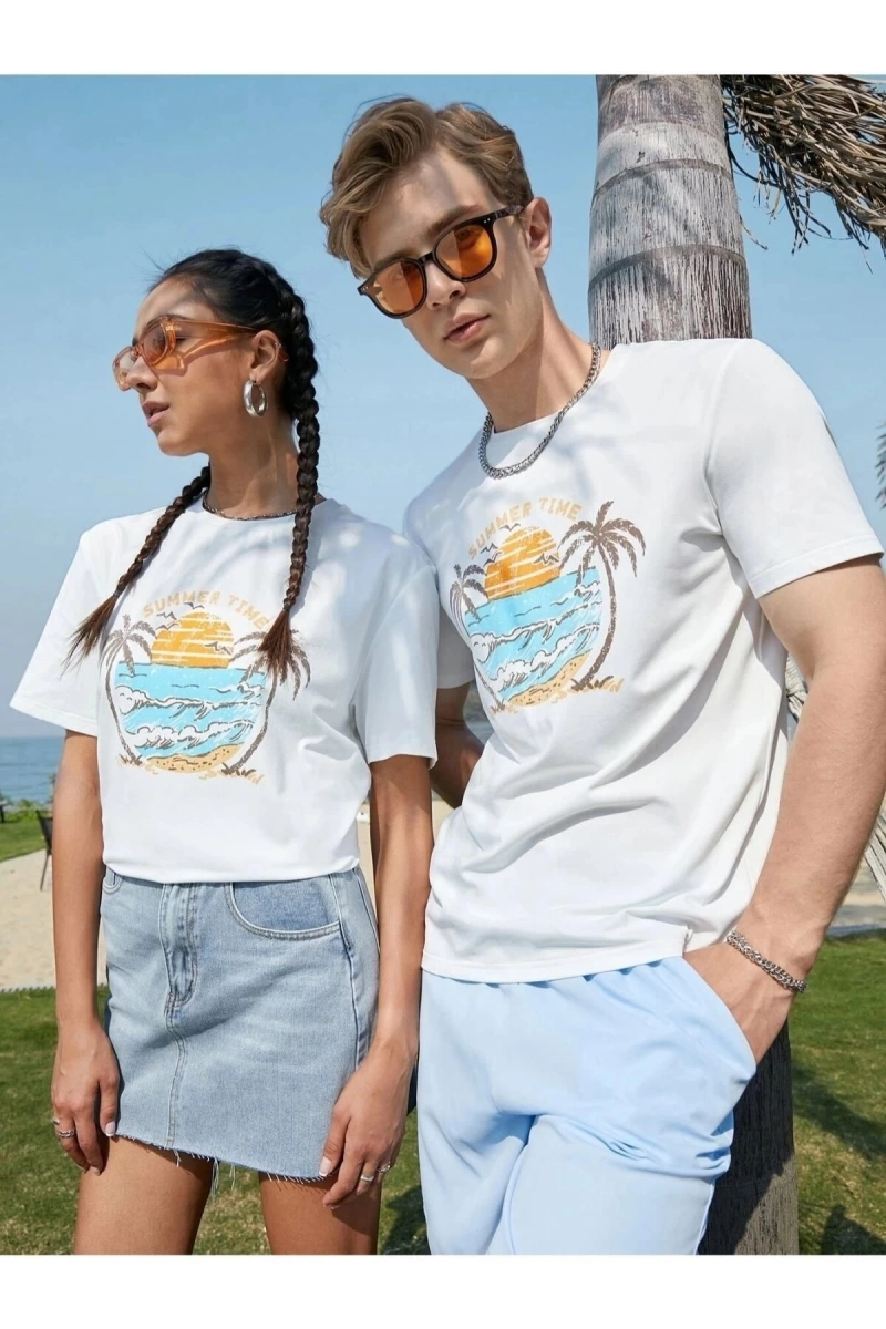 Unisex Beyaz Palmiye Baskılı 2li Set Sevgili Çift Kombini