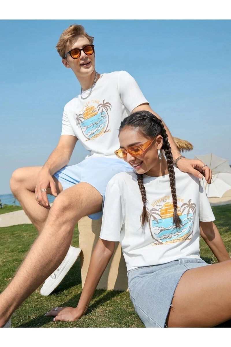 Unisex Beyaz Palmiye Baskılı 2li Set Sevgili Çift Kombini