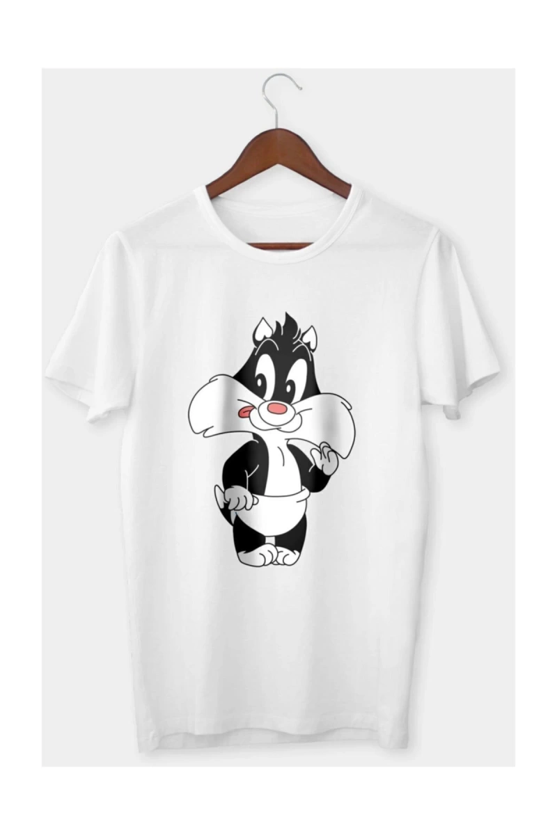 Unisex Beyaz Sylvester Baskılı T-shirt